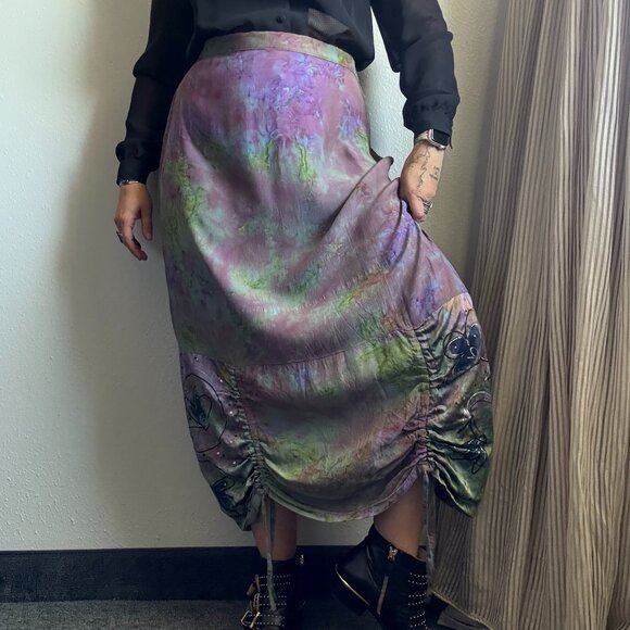 Y2K Skirt Modern does Y2K 00s Tie Dye Ruched Artwear Fairy Punk Skirt | L/XL - Picture 1 of 12